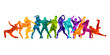 © Aliaksei Chernev - Detailed vector illustration silhouettes of expressive dance colorful group of people dancing. Jazz funk, hip-hop, house dance. Dancer man jumping on white background. Happy celebration.  Party.
