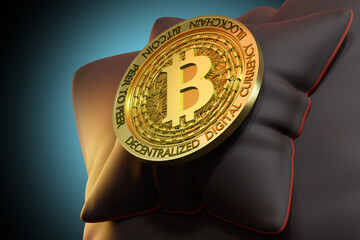 Poster - Bitcoin coin. Bitcoin money on pillow. Decentralized digital currency. Blockchain peer-to-peer money. Golden Bitcoin coin. Crypto investment concept. Electronic blockchain money. 3d rendering.