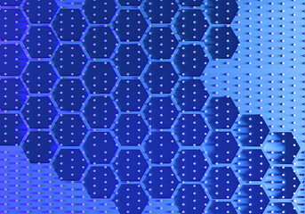 Poster - Scientific blue background. Background with honeycombs symbolizes scientific Progress. Honeycombs and dots visualization. Texture with octagon. Background for scientific advertising. 3d rendering.