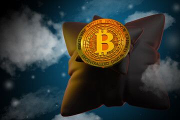 Poster - Bitcoin peer-to-peer. Cloud payment processing concept. Decentralization of Bitcoin currency. Blockchain symbol on pillows. Bitcoin gold coin in night sky. Decentralized blockchain mining. 3d image.