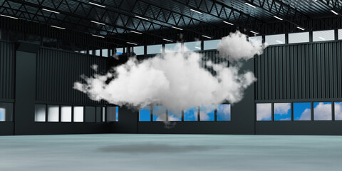 Aufkleber - Empty hangar with clouds. Internet hosting. Cloud storage concept. Cloud storage of information and data. Hosting provider. Virtual storage space. Internet technologies. 3d rendering.