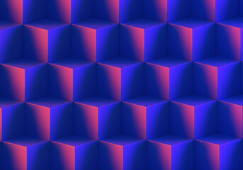 Poster - Cube background. Geometric cubes backdrop. Purple neon design. Metric background for site. Purple background visualization. Cubes scenery. Three-dimensional square staircase. 3d rendering.