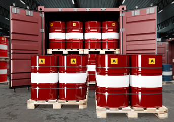 Wall Mural - Chemical products in barrels barrels with chemicals on flights. Sea freight container with barrels. Flammable sticker on casks with chemicals. Transportation of toxic products. 3d rendering.