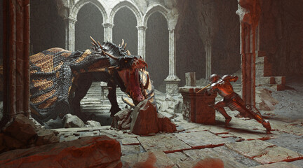  Fantasy battle scene with dragon attacking medieval knight 3d illustration
