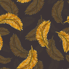 Naklejka na meble Watercolor pattern golden bird feather on a dark background for your luxury design, hand drawn illustration