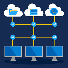 Wall Mural - computer server data synchronize cloud storage, flat design icon drawing