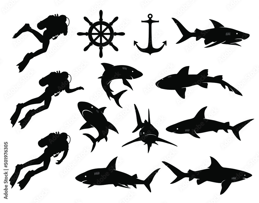 Diver Scuba Diver Diving Shark Silhouette Images Isolated On White 
