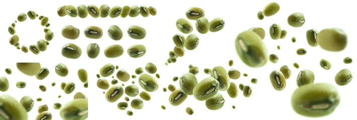 Wall Mural - A set of photos. Green mash levitates on a white background