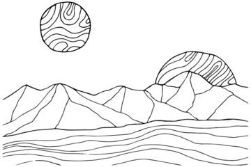 Wall Mural - Doodle alien fantasy mountain landscape coloring page for adults. Fantastic graphic artwork. Hand drawn illustration