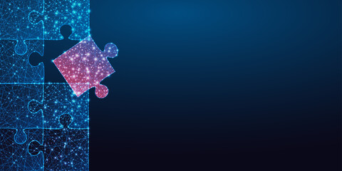 Futuristic business solution, teamwork concept web banner with glowing jigsaw puzzle pieces