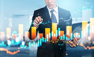 Poster - Businessman with clipboard, point at stock market hologram, fore