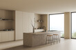 © ImageFlow - Light cooking interior with island and seats, shelves and panoramic window