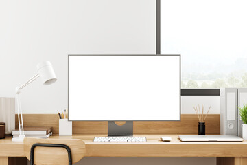 Poster - Pc computer and laptop mockup display on wooden table, office tools and window