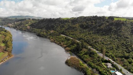 Sticker - New Zealand Countryside, River and Hills, aerial view