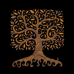 Aufkleber - Old big family tree with roots. Isolated on black background. Concept Art for your design. Design interior ideas.