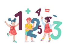 Banner For Kids Math Activities And Learning Numbers With Kids Holding Huge Numbers, Flat Vector Illustration Isolated On White Background. Teaching Counting And Mathematics. Children's Education.
