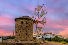 Windmills At Chora Village In Patmos Island