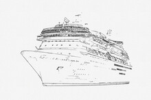 Pencil Drawing Of Cruise Ship Isolated On White Background, Modern Ocean Liner