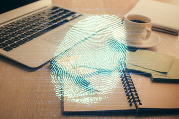 Aufkleber - Double exposure of fingerprint drawing and desktop with coffee and items on table background. Concept of security.