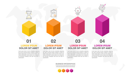 Vector isometric infographics with 4 columns. Business concept graphic process template with four steps and icons. Graphic timeline for step by step for the app, website, interface, chart