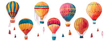 Watercolor Illustration Set Of Different Bright Hot Air Balloons And Pouches For Decoration, Texture And Wrapping Paper, Print And Postcards. Collection Isolated On White Background.

