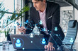 © VideoFlow - Businessman in suit using smart phone to check new candidates for international business consulting. HR, social media icons over modern panoramic office background.