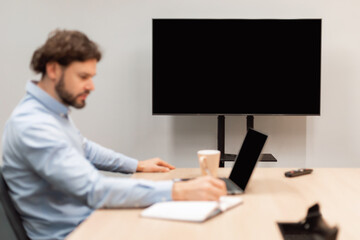 Aufkleber - Worker Watching Webinar, Focus On Monitor With Black Empty Screen,