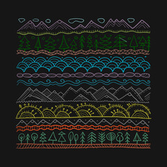 Poster - Abstract Nature Pattern Frame for your design. Forest and Mountain icons. Ethnic style
