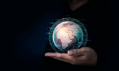 Poster - Digital world, global data network in human's hand on dark background with copy space. International connection with futuristic virtual big data, financial analysis, social network databases concept