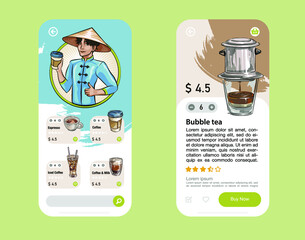 Coffee menu cartoon smartphone interface vector templates set. Mobile app screen page night and day mode design. Caffeinated beverages ordering UI for application. Phone display with flat character