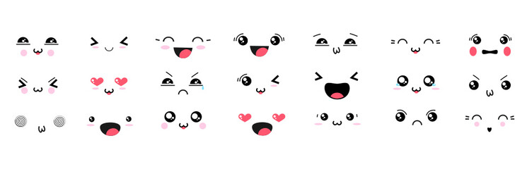 Kawaii cute faces. Manga style eyes and mouths. Funny cartoon japanese emoticon in in different expressions. For social networks. Expression anime character and emoticon face illustration. Background.