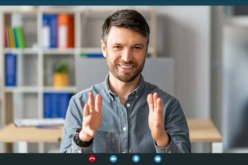 Poster - Online interview concept. Device screenshot with mature man making video call, talking at camera, webcam view