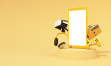 Online Shopping Concept About Electronics And Gadgets In Modern Promotion Period Of New Models Consist Of Phone, Vr, Headphone, With Drone And Credit Card On Yellow Background. Realistic 3d Rendering