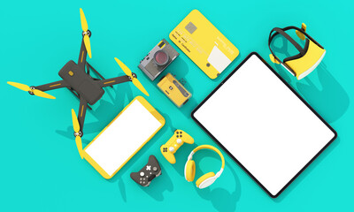 Poster - online shopping concept about electronics and gadgets in modern promotion period of new models consist of phone, vr, headphone, with drone and credit card on green background. realistic 3d rendering