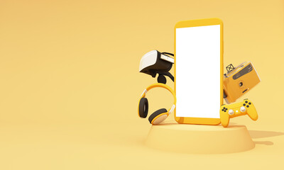 Poster - online shopping concept about electronics and gadgets in modern promotion period of new models consist of phone, vr, headphone, with drone and credit card on yellow background. realistic 3d rendering