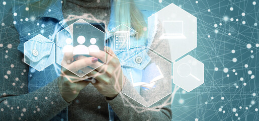 Poster - Businessman holds a smartphone with a Social network icon, Social media network, and marketing concept on virtual screen. Internet and business technology, Button power icon business web sign online.