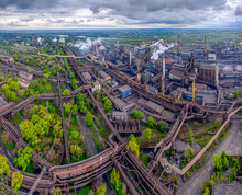 Aerial View Of A Large Metallurgical Plant For The Production Of Metal. Blast Furnaces And An Oxygen Production Shop. Lots Of Pipes And Chimneys. Industrial Zone.