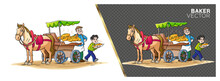 Horse Carriage, Uncle Baker, Boy Taking Bread To His House, Storybook Cartoon Vector