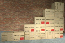 Many Cardboard Boxes With MADE IN CHINA Text Compose A Rising Chart. Business Growth Conceptual 3D Rendering