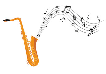 golden saxophone with music notes isolated on white background. wind classical jazz musical instrume