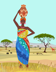 african woman carrying vase with water on her head in colorful p