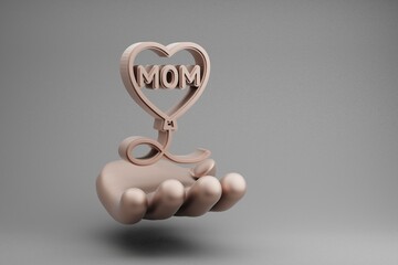 Poster - Beautiful abstract illustrations Golden Hand Holding ballon heart with word MOM symbol icon on a gray background. 3d rendering illustration. Background pattern for design. Mothers Day.