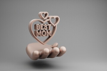 Poster - Beautiful abstract illustrations Golden Hand Holding heart with words Best MOM symbol icon on a gray background. 3d rendering illustration. Background pattern for design. Mothers Day.