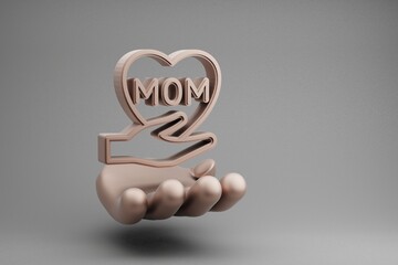 Poster - Beautiful abstract illustrations Golden Hand Holding hand heart with word MOM symbol icon on a gray background. 3d rendering illustration. Background pattern for design. Mothers Day.
