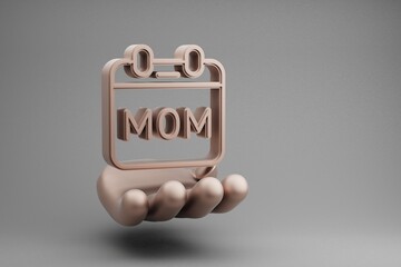 Poster - Beautiful abstract illustrations Golden Hand Holding Calendar with word MOM symbol icon on a gray background. 3d rendering illustration. Background pattern for design. Mothers Day.