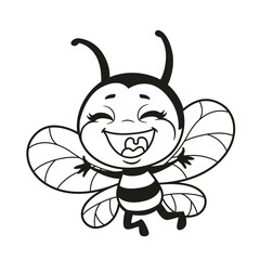 Cartoon cute bee super happy flies outlined for coloring page on white background