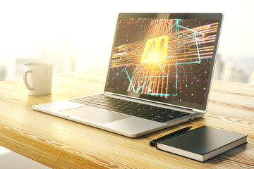 Fototapete - Modern computer monitor with creative artificial Intelligence icon. Neural networks and machine learning concept. 3D Rendering