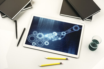 Aufkleber - Creative abstract robotics technology hologram on modern digital tablet display, artificial intelligence and machine learning concept. Top view. 3D Rendering