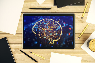 Aufkleber - Top view of modern digital tablet monitor with creative artificial Intelligence symbol. Neural networks and machine learning concept. 3D Rendering