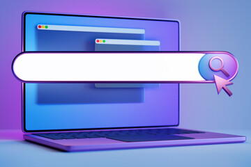 Fototapete - 3D colorful illustration of a modern laptop with an information search bar on a  blue background. 